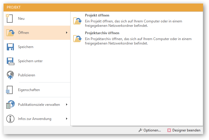 Screenshot: Menu for opening projects