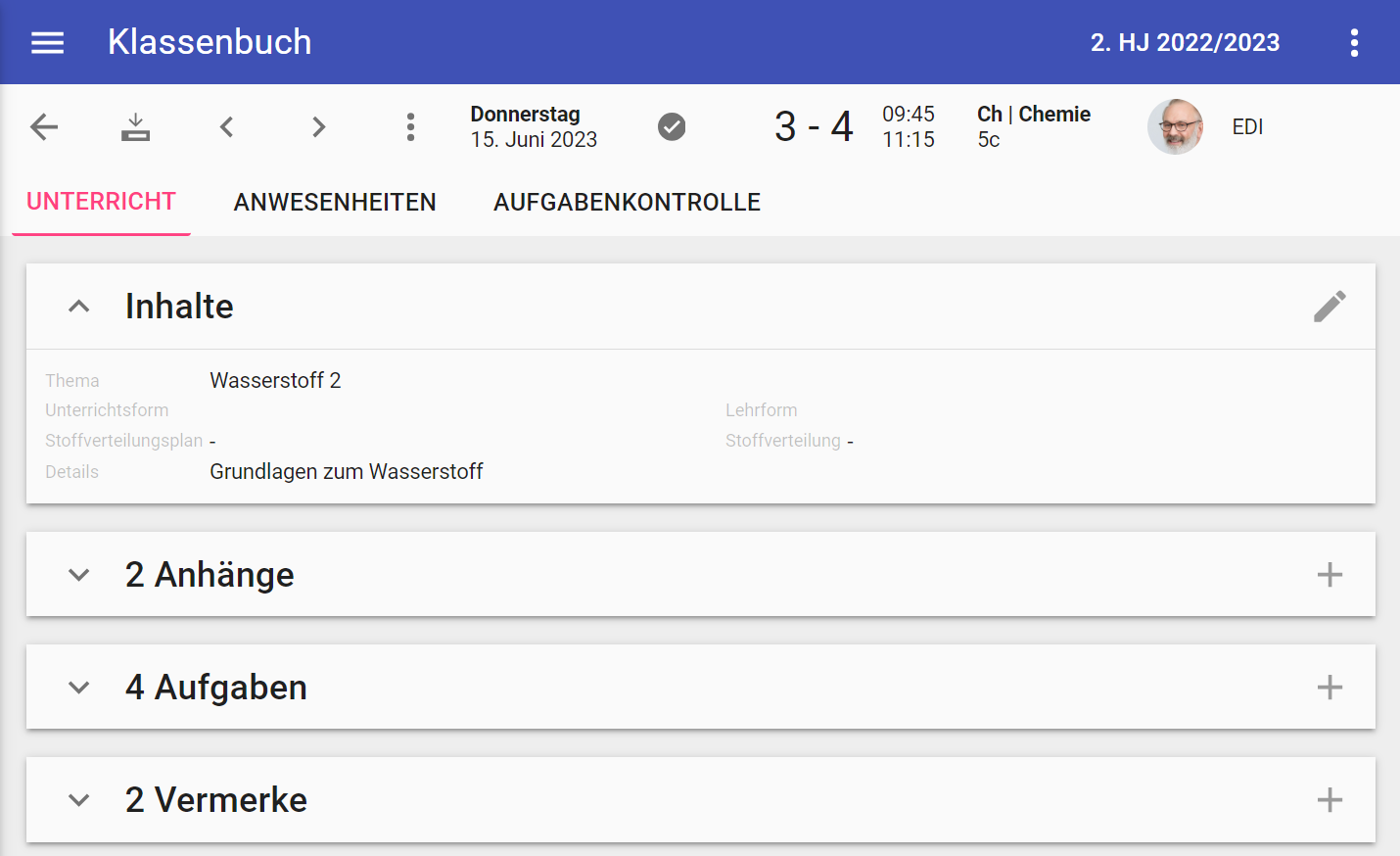 Screenshot: Unterrichtsinhalte